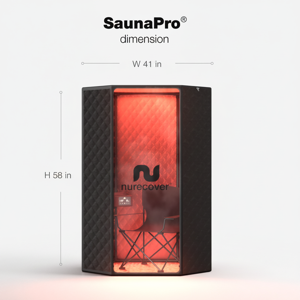 A black sauna tent with a glowing red interior, shown with dimension labels reading W 103cm and H 147cm on a light gray background. The brand name nurecover is visible on the front, and the image includes the text 'SaunaPro dimension' at the top.
