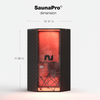 A black sauna tent with a glowing red interior, shown with dimension labels reading W 103cm and H 147cm on a light gray background. The brand name nurecover is visible on the front, and the image includes the text 'SaunaPro dimension' at the top.